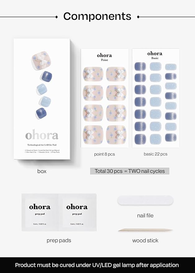 ohora Semi Cured Gel Pedi Strips (P Berry ChouChou) - Works with Any Nail Lamps, Salon-Quality, Long Lasting, Easy to Apply & Remove - Includes 2 Prep Pads, Nail File & Wooden Stick