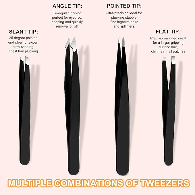 Yougai Tweezers Set,9 Pcs Professional Stainless Steel Tweezer Kit-Great Precision Eyebrow Tweezers for Ingrown Facial Hair with Leather Travel Case as Stocking Stuffing Gifts
