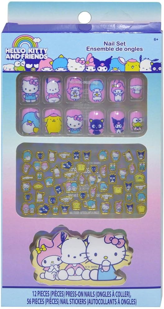 Hello Kitty Press-On Nails for Kids - Bundle with 12 Kitty Stick-On Nails Plus Nail Art Stickers, More