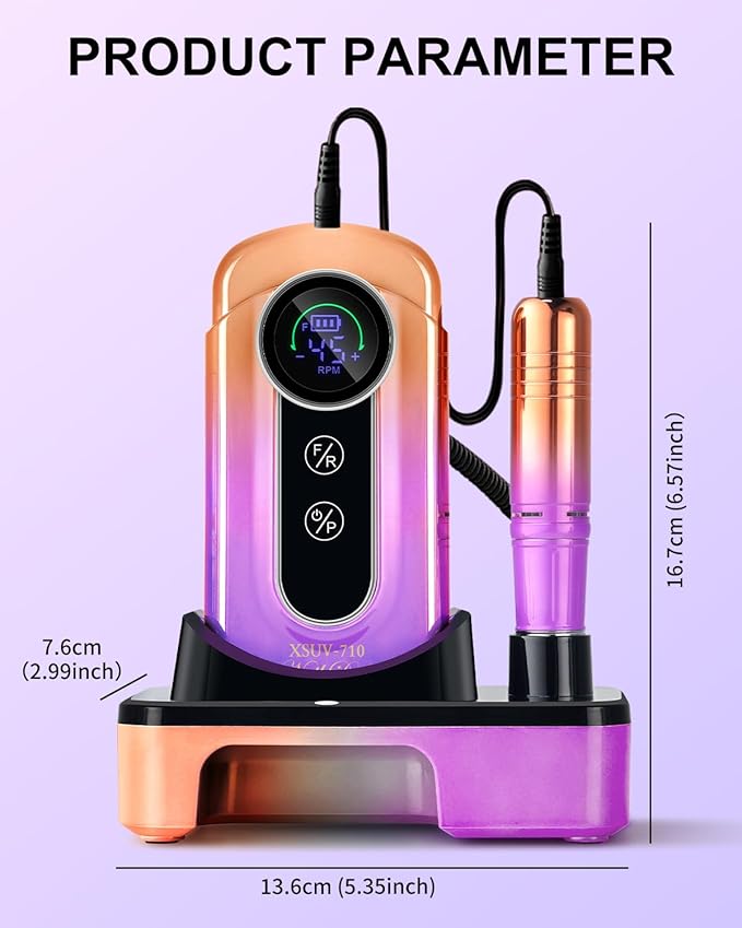 Professional Electric Nail Drill Kits 45000RPM Gradient Purple Portable Cordless 3-in-1 Nail File Machine with Rechargeable Stand and Nail Lamp for Acrylic Gel Polish Removing Home & Salon Use
