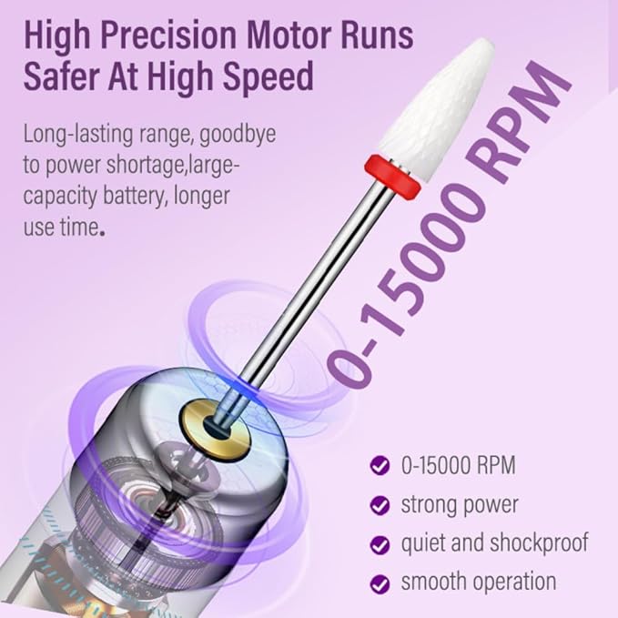 Electric Nail Drill File Cordless,Portable Rechargeable Nail File Kit for Acrylic & Gel Nails,Professional Efile for Manicure Pedicure Polishing,with 12 Nail Drill Bits 31 Sanding Bands,Purple