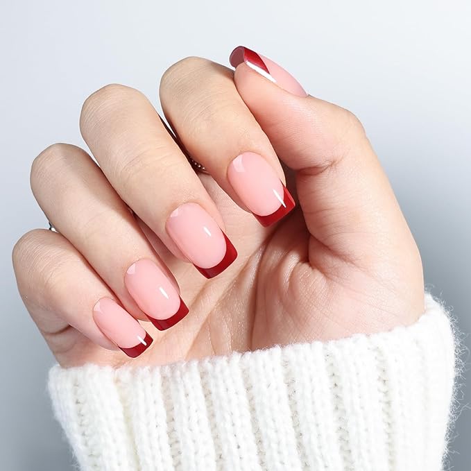 Red French Tip Press On Nails - Short Square Red Tips Press on Nails Glossy Nails Press Ons for Women DIY Fake Nails Kit with Glue, Reusable Glue on Nails Short in 16 Sizes - 32pcs, Cherry Tip