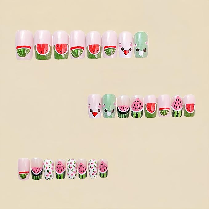 Cute French Tip Press on Nails Short Square Fake Nails with Designs Watermelon Glue on Nails Summer Fruit Acrylic Nails Press ons Glossy Full Cover Stick on Nails for Women Girls 24Pcs