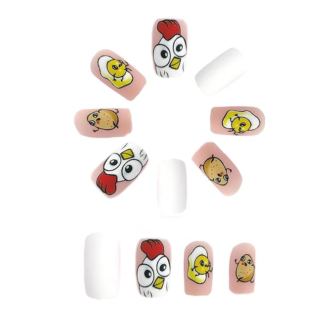 24 Pcs Easter Press on Nails Short Square Fake Nails Cartoon Yellow Cute Chick Designs Easter Matte False Nails Full Cover Stick on Nails for Women Girls Easter Spring Party Nails Art Decorations