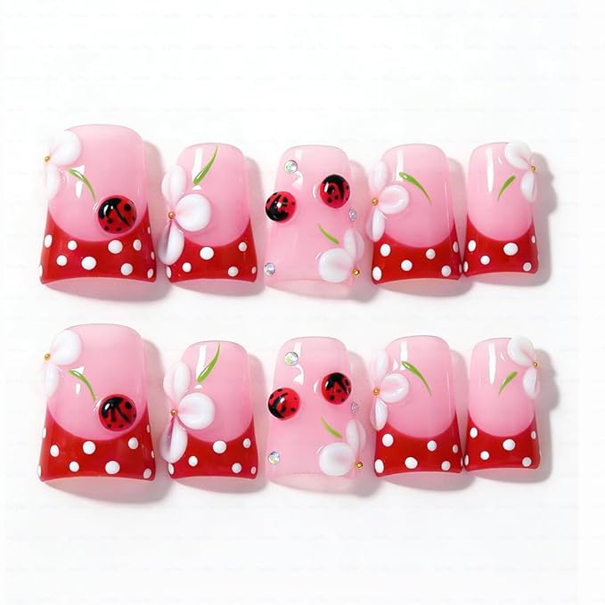 10 Pieces Luxury Acrylic Press On Nails Short Handmade Red Duck Nails,Thickened False French Nails, Three-dimensional Petals And Ladybugs, Reusable Fake Nails, Acrylic Nails (L)