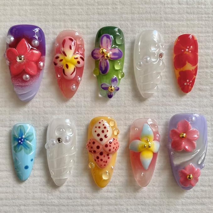 Medium Almond Handmade Unique Fake Nails, Artistic Design, Press On Nails Thick Acrylic and Muti-Layer Gel False Nails, Reusable 3D Fake Nails,DIY Art Decorate-M size