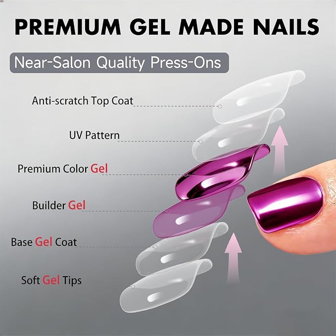 Chrome Press on Nails Short Square, Metallic Purple Fake Nails with a Sparkle Mirror Finish, Glitter Glue on Nails for Women Birthday Party, Thick Quality Soft Gel Nail Press ons 30 Pcs