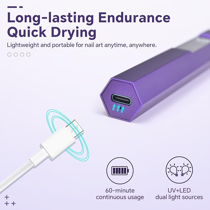 Handheld LED UV Light for Gel Nails Mini Nail Lamp Portable Cordless Rechargeable Type-C Nail Dryer with Display for Fast Curing, DIY Nails Tool, Purple, for Home DIY & Nail Salon