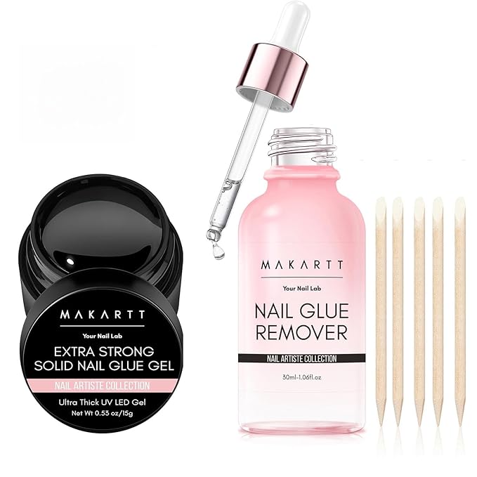 Makartt Solid Gel Adhesive for Press-On Tips – Extra Strong Nail Bonding Kit with Remover & Vitamin E Formula, Includes 5 Wooden Sticks for Easy Removal
