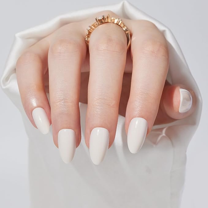 Press On Nails Short - Findigit Press On Nails, Almond Fake Nails White with Nail Glue, Fit Perfectly Natural Reusable Stick On Nails in 16 Sizes - 32 Glue On Nails Kit, Cream White
