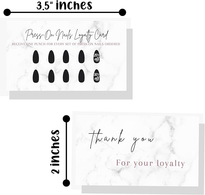 Boutique Marketing LLC Press-On Nail Loyalty Discount Cards | 50 Pack | 2x3.5 Inch inch Business Card Size | DIY Press-On Nail Kit | Marble Look with Black Nail Design,marble,black,white