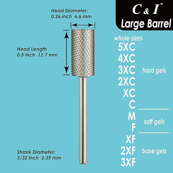 C & I Large Barrel Nail Drill Bits, Professional Electric File for Manicure Drill Machine, Nail Gels Remove, 3/32” (Super Coarse -5XC)
