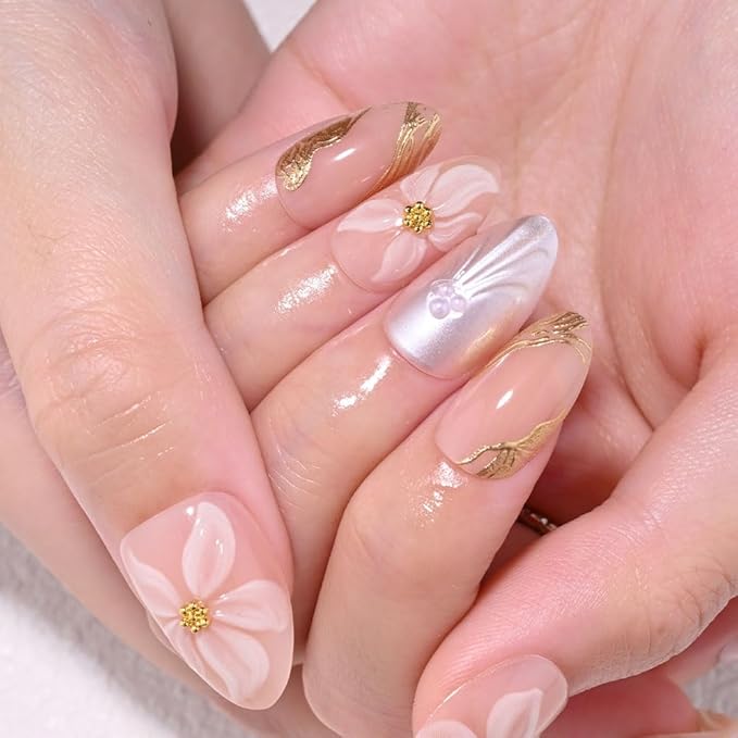 3D Pink Flowers Press on Nails Short Almond, Acrylic Fake Nails with 3D Gold Line White Pearls Floral Design, Reusable Glue-On Stick for Flower Fashion Nails for Women