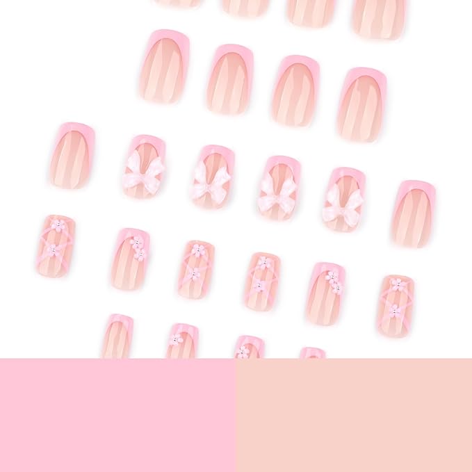 Medium Press on Square Nails - Pink French Tip Fake Nails with Flower Bow Design - Glossy Stick on False Nails for Women - 24 Pcs