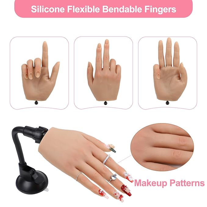 Nail Practice Hand for Acrylic Nails with 516 Pcs Nails, Silicone Fake Hands to Practice Fake Nails Mannequin Hand for Nails Practice and Nail Art Single Right Hand Nude