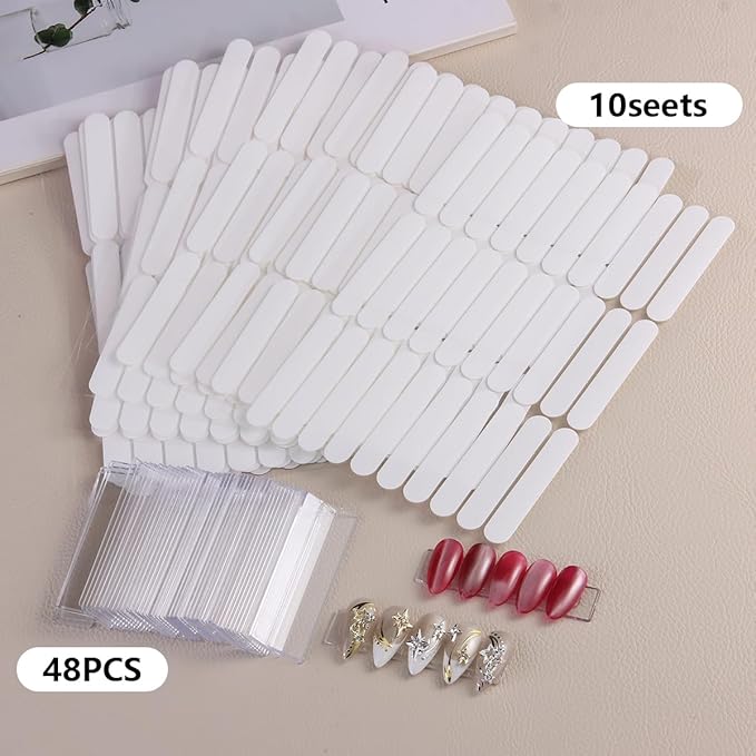 10 Sheets Double Sided Nail Tape with 48PCS Clear Nail Design Tips Display Stand Holder, Removable Adhesive Tape for Press on Nails Packaging Nail Art Practice Holder Colors Designs Showcase
