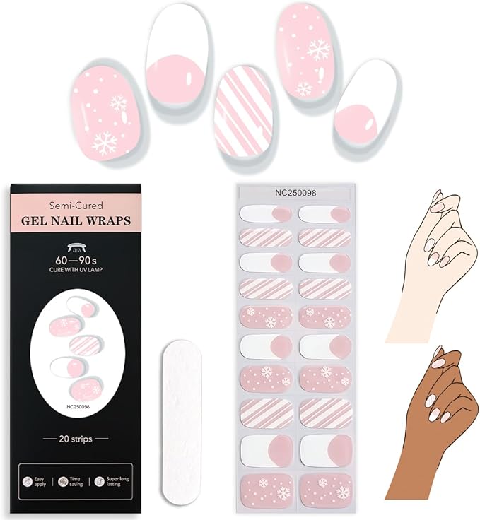 20pcs Christmas Semi Cured Gel Nail Strips - Salon-Grade DIY Wraps with Glaze Texture, Easy Application, UV Light Required for Festive Nails(Pink White Snowflake Winter)