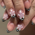 3D Pink Flower Black Polka Dot French Tips Press On Nails Short Almond, Acrylic Fake Nails. Salon-Quality Reusable Stick-Ons, Spring Summer Nails for Parties & Daily Wear | Women & Girls