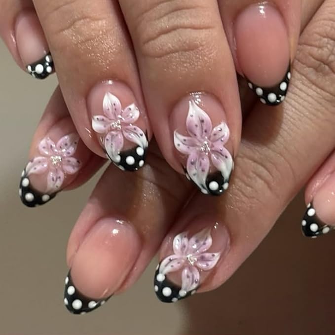 3D Pink Flower Black Polka Dot French Tips Press On Nails Short Almond, Acrylic Fake Nails. Salon-Quality Reusable Stick-Ons, Spring Summer Nails for Parties & Daily Wear | Women & Girls