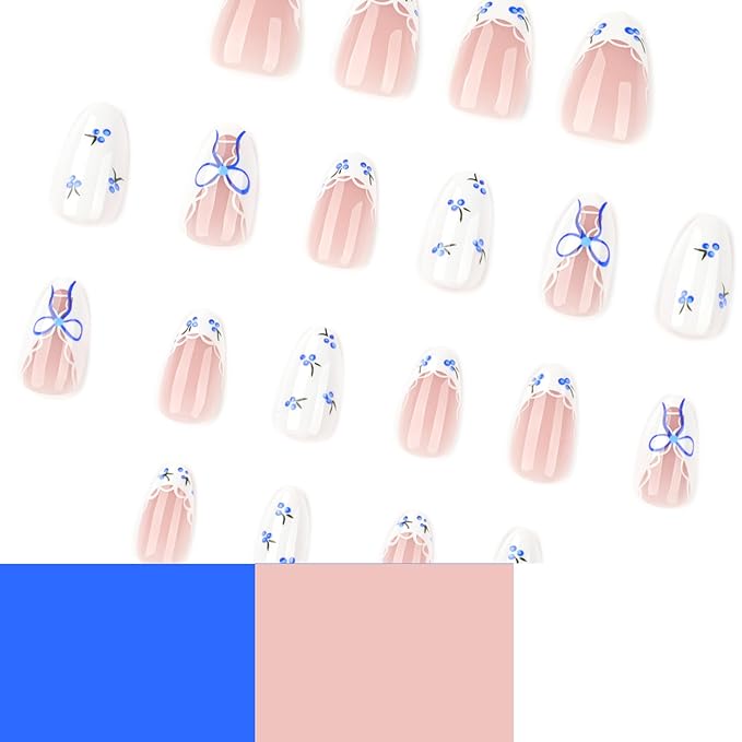 Summer French Tip Press on Nails Short Almond Fake Nails Cute White Nails Press ons with Blue Berries,Bow,Lace Design Full Cover Stick on Nails for Women Manicure,Reusable | Easy Apply | 24Pcs