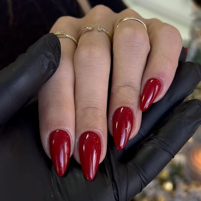 Wine Red Almond Shaped 48Pcs Neutral Thick Fake Nails - Reusable Acrylic Nails, Cherry Medium Almond, Medium Length Stiletto, Gel Finish