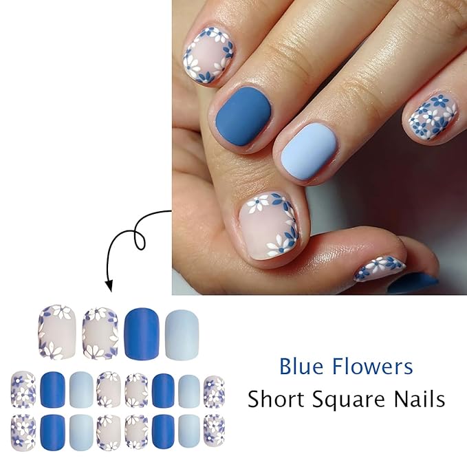 Flower Press on Nails Short Square Fake Nails with Spring White Blue Floral Designs Light Blue Matte Full Cover False Nail Acrylic Flowers Stick on Nail for Women 24Pcs