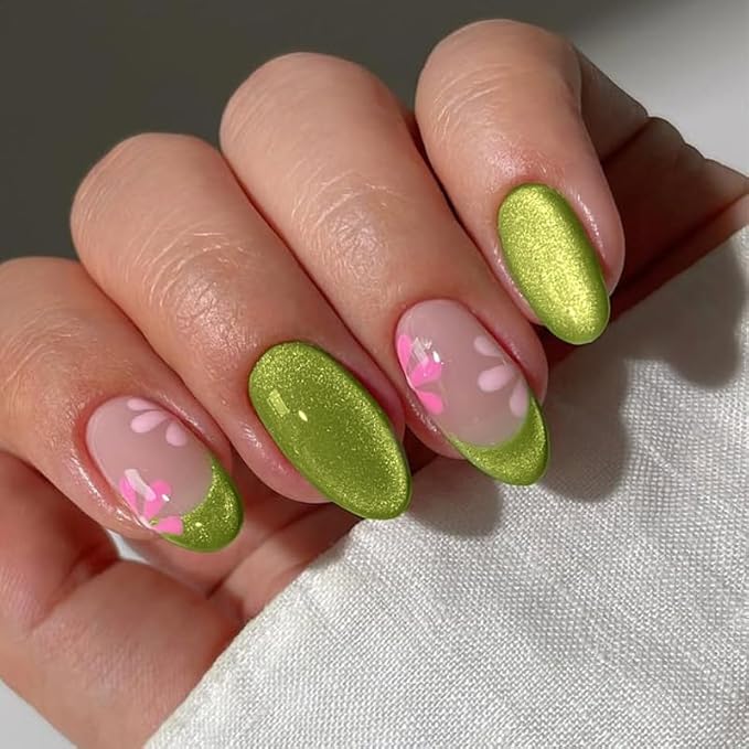 Green Cat Eye Press on Nails Medium Almond Fake Nails Spring Flowers False Nails French Tips Acrylic Nails Glossy Stick on Nail for Women Decoration 24Pcs