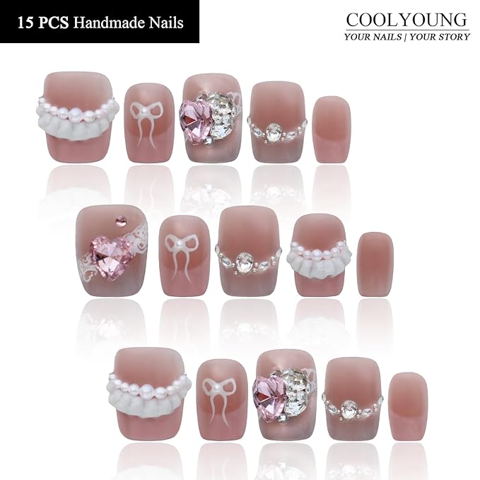 Handmade Press On Nails Pink Short Nails Women Gifts Press On Nails 3D With Ballet Design Stick On Nails For Women COOLYOUNG False Nails, 15 PCS, Size M