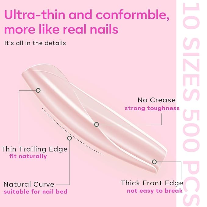 modelones Gel Nail Kit, Fake Nails Long Coffin, 9-in-One Glue Prep Dehydrator & Portable Mini U V Light Acrylic Clipper, 500Pcs Coffin Tips for Extension Kit DIY Salon Home Gifts for Women (Pack of 2)