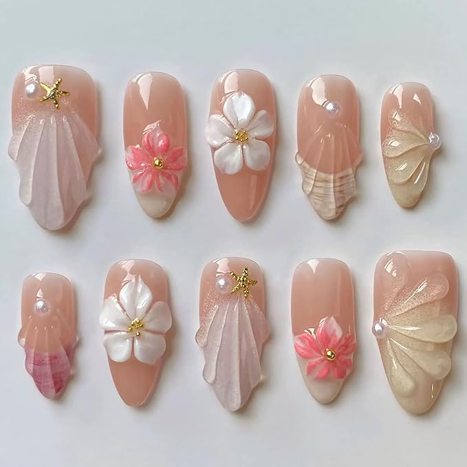 Luxury Press on Nails Medium Almond Handmade 3D Unique Reusable ABS Material Fake Nails French Tip False Nails with Designs Floral Pearls Summer Glossy Glue on Nail Thick Acrylic Nail(M)