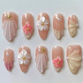 Luxury Press on Nails Medium Almond Handmade 3D Unique Reusable ABS Material Fake Nails French Tip False Nails with Designs Floral Pearls Summer Glossy Glue on Nail Thick Acrylic Nail(M)