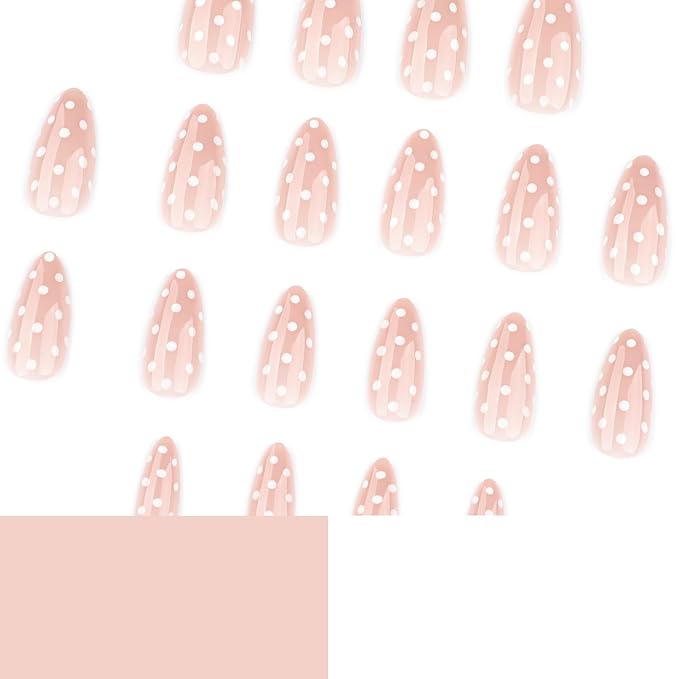 Polka Dot Press on Nails Almond Medium Fake Nails Nude Natural False Nails Glossy Cute Glue on Nails Reusable Acrylic Nail for Women Manicure 24Pcs
