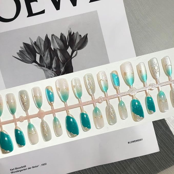 Medium Press on Nails Almond Glue on Nails with Cat Eyes Design Green Cat Eye Fake Nails 5D Gold Lines False Nail Glossy Ombre Green White Acrylic Stick on Nail for Women 24Pcs