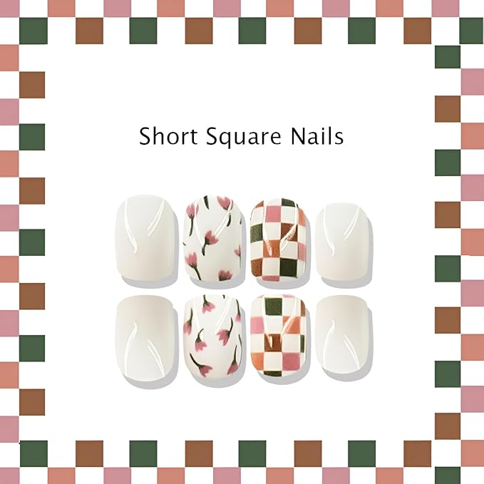 24Pcs Flower Press on Nails Short Square Fake Nails White False Nails Glossy Full Cover Nails Press Ons Summer Spring Glue on Nail DIY Acrylic Stick on Nail for Women Decorations Set