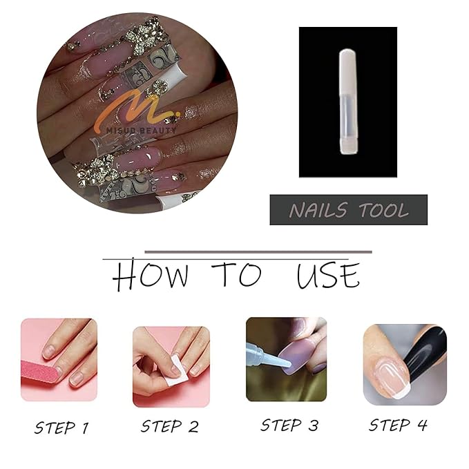 MISUD Press on Nails - Extra Long Square Glue on Nails with French Tip, Acrylic Dollar Money Rhinestone Design 24 pcs
