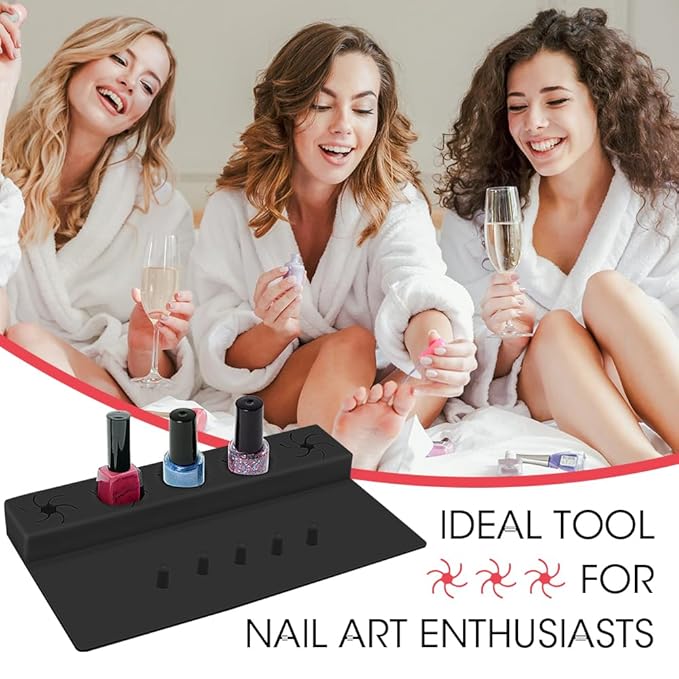Nail Polish Holder,Silicone Hand Rest Mat Fingernail Painting Tools 2 in 1 Art Accessories Organizer Case Set with Anti-Spill Bottle Stand and Finger Separators for Pedicure Manicure(Black)