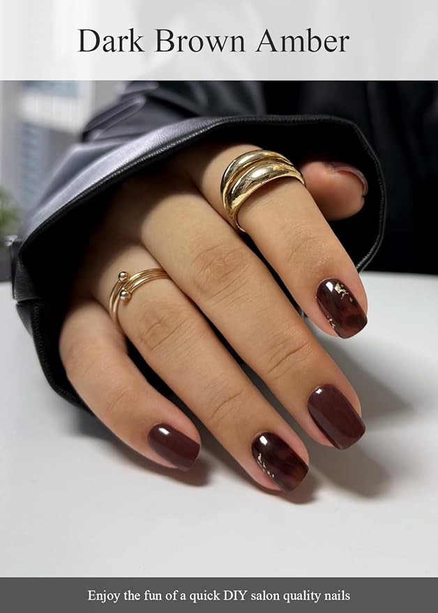 Semi Cured Gel Nail Strips (Dark Brown Amber), 20 Pcs Gel Nail Wraps, Stickers, Salon Quality, Long Lasting, Works with Any UV Lamps