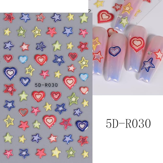 5D Embossed Star Nail Art Stickers Star Nail Decals Self-Adhesive Pegatinas Uñas Colorful Nail Supplies Heart Nail Stickers for Women Girls Manicure 4Sheets…