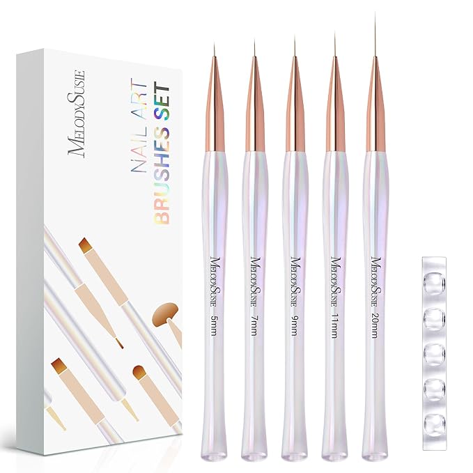MelodySusie 5Pcs Nail Art Liner Brushes with Nail Brush Holder, Professional Gel Polish Painting Art Design Pen for Thin Long Lines, Tiny Details, Fine Drawing, Delicate Coloring Sizes 5/7/9/11/20mm