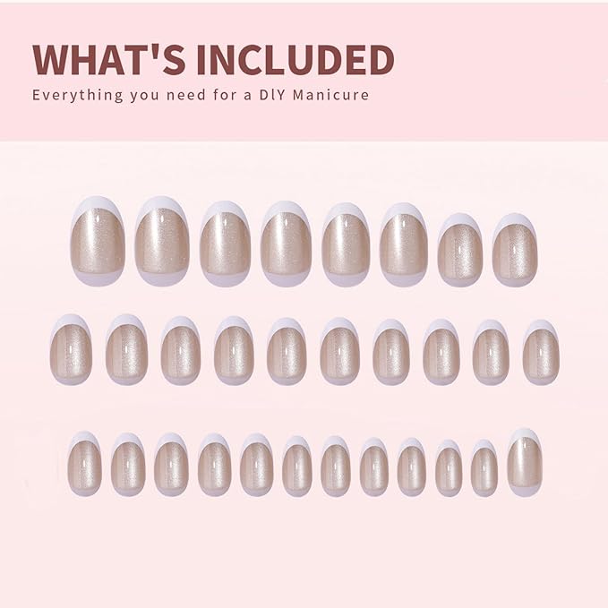 30 Pcs Cats Eyes Soft Gel Press on Nails White French Tip Fake Nails Short Almond Shaped False Nails Glitter Designs Full Cover Acrylic Nails with Glue Thickened Stick on Nails for Women Nail Art