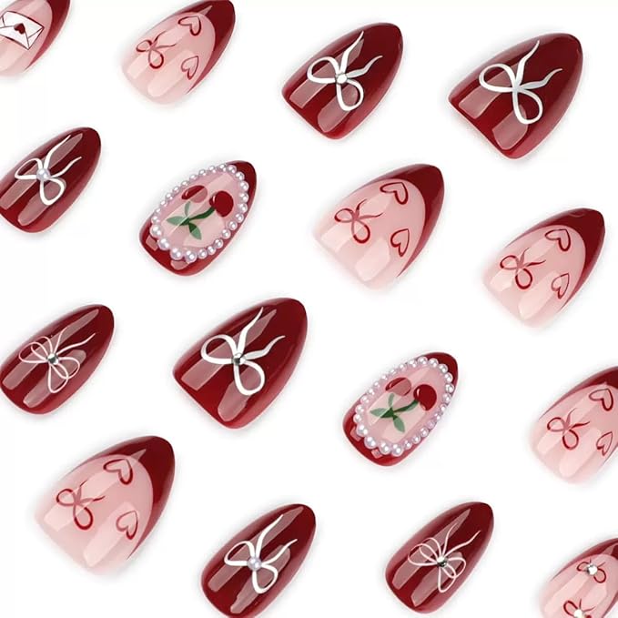 Red Press on Nails Almond - Short Fake Nails with Bow Heart Cherry Design - Winter False Nails Press ons - for Women 24 Pcs