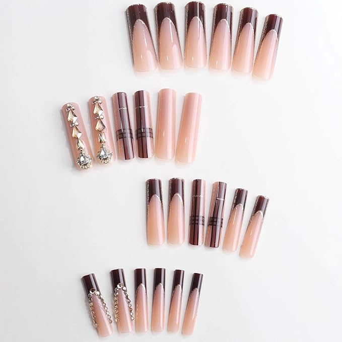 Long Press on Nails Square Xl Fake Nails French Tip Glue on Nail with Designs False Nails Rhinestones Acrylic Long Square Nails Press Ons Stick on Nail for Women 24Pcs