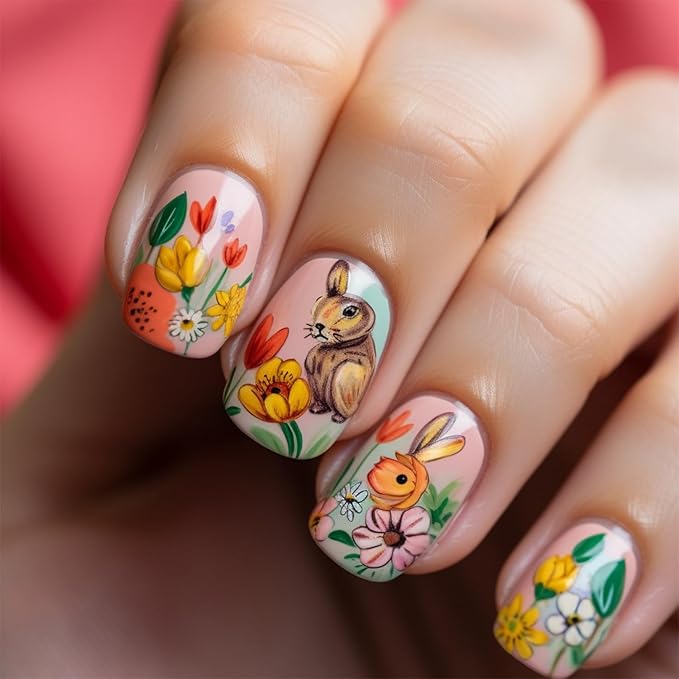 Easter Fake Nails Festive Short Square Press on Nails with Cute Bunny Colorful Flower Designs Glossy Pink False Nails Full Cover Spring Easter Rabbit Acrylic Nails Stick on Nails for Women 24 Pcs