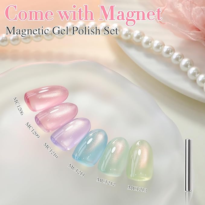 Double Rhythm 0.5 OZ Cat Eye Gel Polish with Magnet 15ML Holographic Glitter Shimmer Translucent Jelly Color Magnetic Nail Polish Salon DIY at Home (Light Green-MC1212)