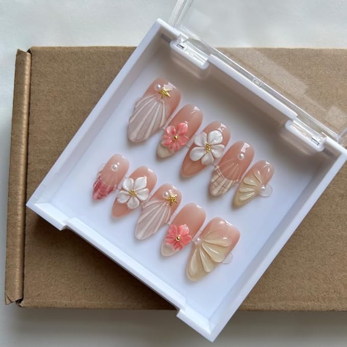 Press On Nails Medium Length Almond Shape False Nails, Handmade Acrylic Gel Fake Nails with Art Designs, Reusable 10 Pcs 3D Nails for Women DIY Manicure Kit (Size L)