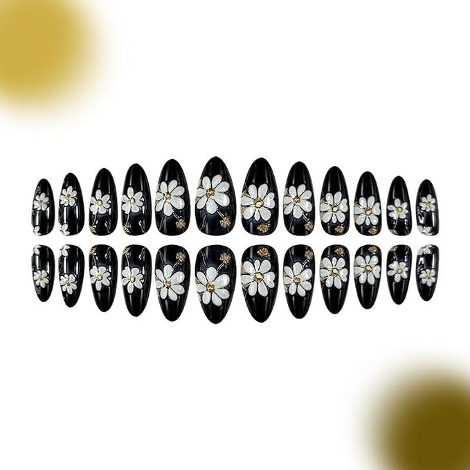 Press on Nails Medium Almond MABKJLF Embossed Fake Nails Cute Daisy False Nails with Designs Gold Foil Black & White Glossy Glue on Nails Acrylic Nails for Women Girls 24Pcs