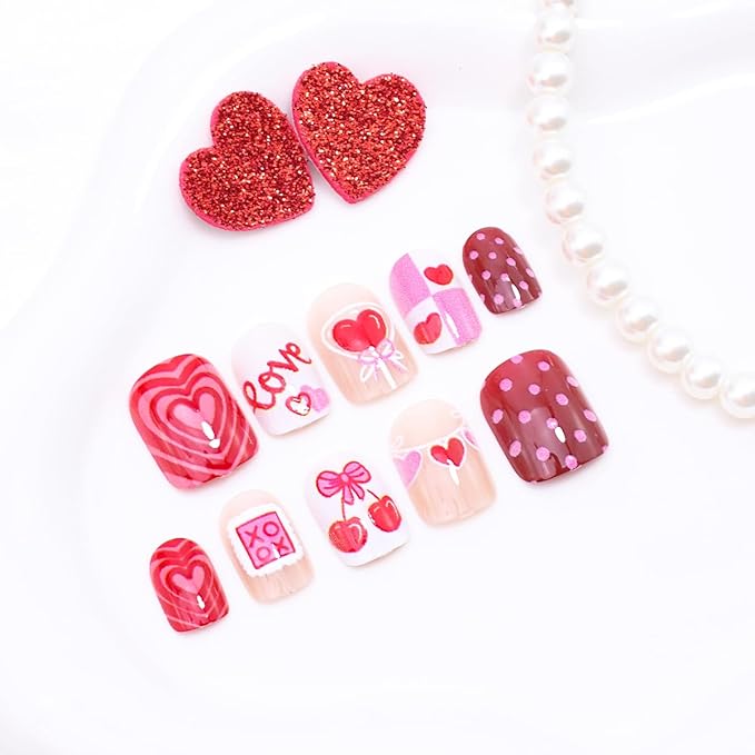 24Pcs Valentines Press on Nails Short Square Fake Nails Pink Heart Acrylic Nails with Love Letter Cherry Romantic Stick on Nail Love Heart False Nails Valentines Glue on Nails Decoration for Women DIY