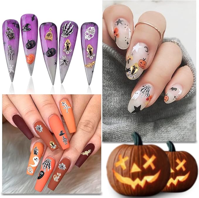 Halloween Nail Charms - 24 Styles/Box Metallic Nail Studs & Rhinestones DIY Decorations