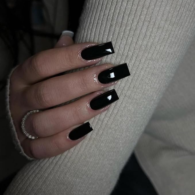 KQueenest Black Press on Nails Long Medium Square, Dark Fake Nails Medium Coffin, Glossy Sheer Color Acrylic Nails Press ons, Reusable Soft Gel Glue on Nails for Women Everyday Wear