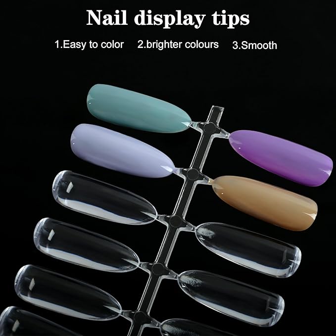 240PCS Flat Long Almond Nail Display Tips,Solid Clear Acrylic Nail Color Swatches for Nail Art Design Pattern Practice and Nail Display